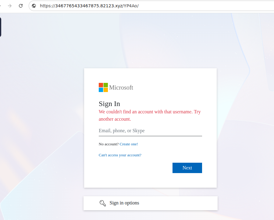 Microsoft login page error message.